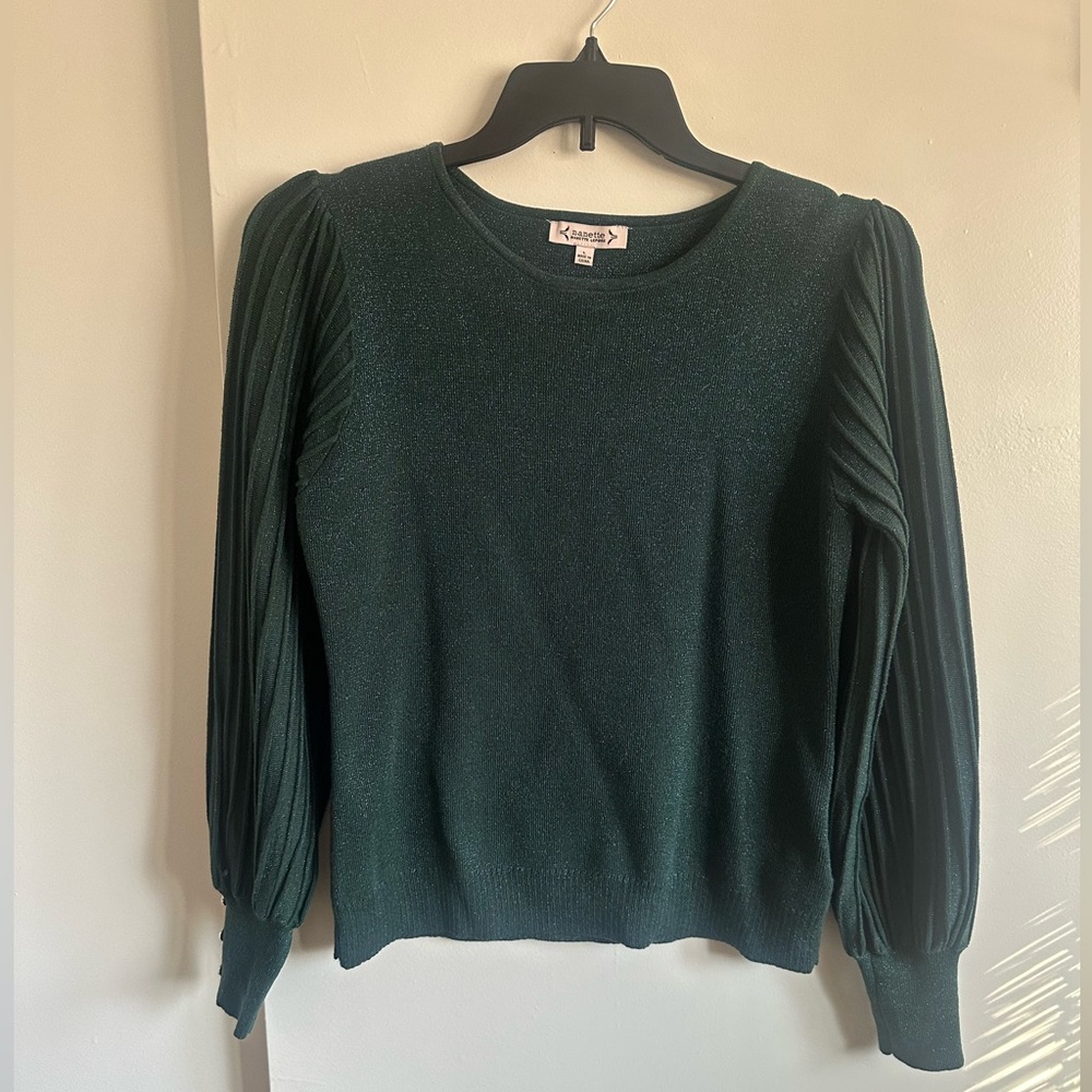 Nanette Lepore Forest Green Sweater with Pleated Sleeves Rayon Nylon And Lurex